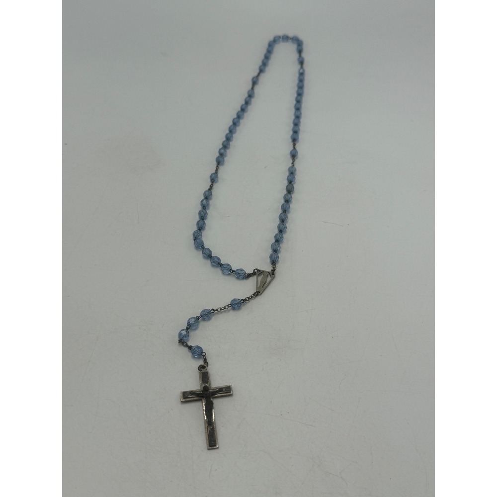 Vintage Italy Blue Glass Bead Rosary Catholic Crucifix Necklace 16 Inch